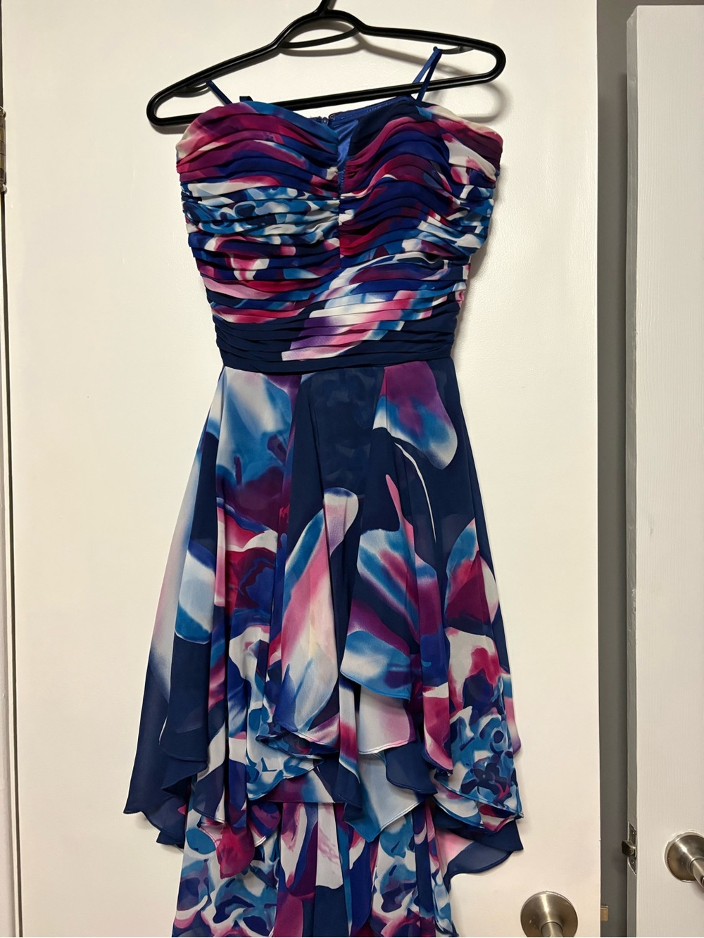 le chateau Strapless High-Low Dress in Blue and Pink